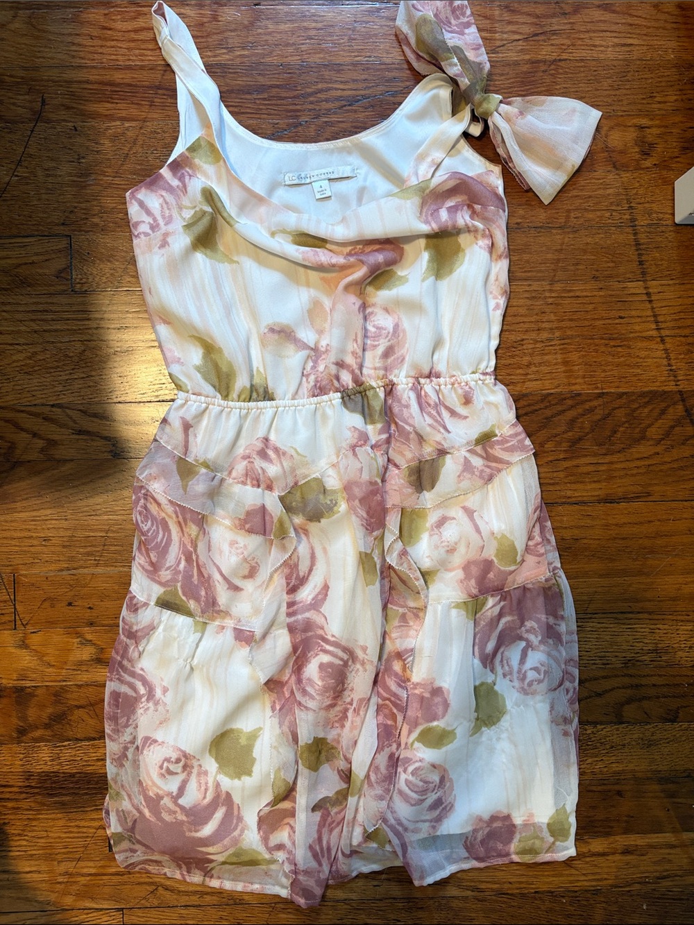 LC Lauren Conrad Cream Floral Tie-Shoulder Sundress with Pink Roses